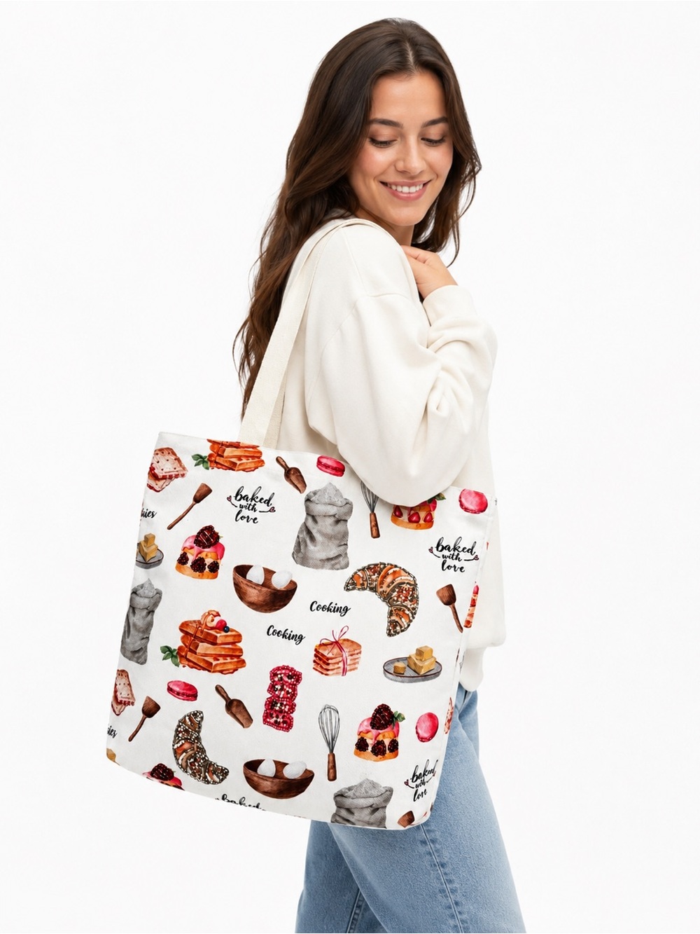 Beaded Bake Printed Tote Bag - White